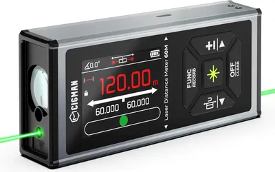 A CIGMAN laser distance meter is shown against a light gray background.