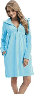 Produktbild von DOROTA kuscheliger und moderner Damen Baumwoll-Bademantel mit Taschen, Reißverschluss & Kapuze, Türkis, Gr. XL