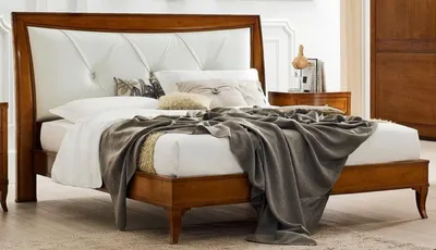 Produktbild von Casa Padrino Luxus Biedermeier Doppelbett Braun / Weiß 188 x 219 x H. 128 cm - Massivholz Bett mit Echtleder Kopfteil - Schlafzimmer Möbel - Luxus Qualität