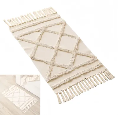 Jute-Teppich, handgefertigt, beige, 60x130 cm, waschbar, mit Fransen