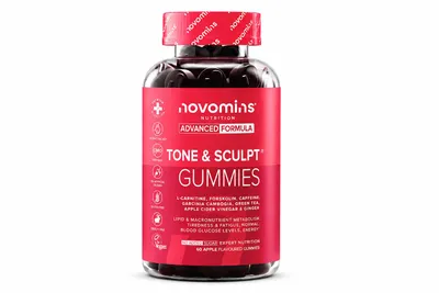 Productafbeelding van Novomins Tone & Sculpt Gummie-supplementen – Suikervrije appelgummie-supplementen met chroom, vitamine B6 en L-carnitine, 60 stuks, AI-gegenereerde afbeelding