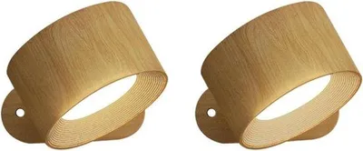 Image de Applique murale LED - Applique d'intérieur -tactile - 3 niveaux de luminosité - Orientable à 360 degrés - Pour le salon, la chambre et les couloirs - Aspect bois - Lot de 2
