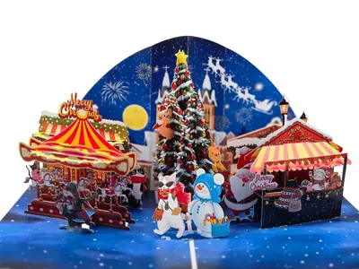 Obrázok produktu pre 3D pop-up vianočná pohľadnica "Vianočný trh s kolotočom" 15×20 cm, s bielou obálkou - REMOtech