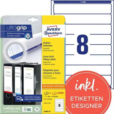 Image de Avery Zweckform L6060-25 Étiquettes de classeur, 192 x 34 mm, 25 feuilles/200 étiquettes, blanc