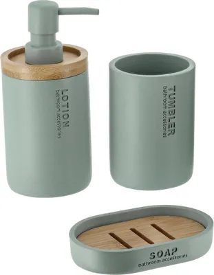 Produktbild von Becherset seifenspender und seifenschale aus polyresin - grün bambus eukalyptus - Tendance