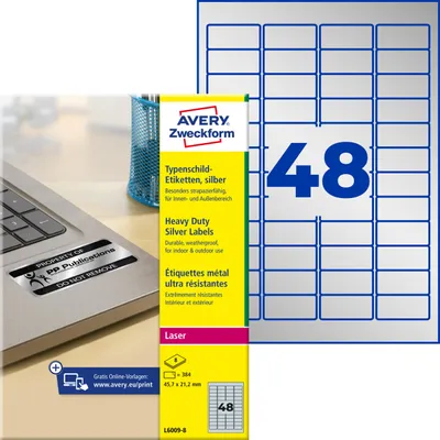 Produktbild von Avery Zweckform L6009-8, Typenschild-Etiketten, A4, 45,7 x 21,2 mm, 384 Etiketten / 8 Bögen, silber