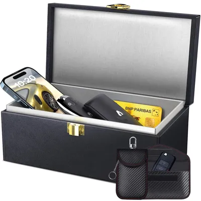 Produktbild von Keyless Go Schutz Box XL Kunstleder Schwarz mit 2 Faraday Taschen