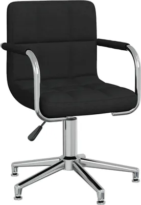 A black fabric office chair with a chrome base and armrests is shown against a white background.