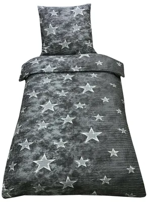 Produktbild von Bettwäsche 155x220 Seersucker Mikrofaser Bettbezug grau weiß Sterne, 2 tlg