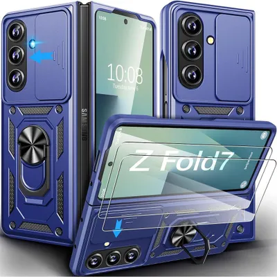 Image de Coque + 2 Verres Trempés pour Samsung Galaxy Z Fold 7, avec Anneau Rotatif et Protection Caméra - Bleu Marine