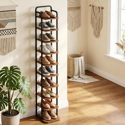 Produktbild von Vertikales Schuhregal, 10-Stöckig, Platzsparend, Braun und Schwarz | Schuhturm für Kleine Räume, Freistehend, Verstellbar