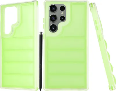 Three views of a green phone case and a stylus are displayed against a white background.