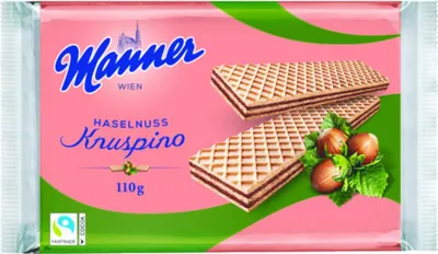 Obrázek produktu pro Manner Knuspino lískooříškové oplatky s lískooříškovou krémovou náplní 110g