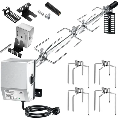 Produktbild von KESSER® Edelstahl Grillspieß Set 107cm passend für Weber Spirit Gasgrill mit 4X Fleischnadeln BBQ Fleischklammer, Griffstück und Motor Rotisserie Elektrischer Drehspieß 220V - 240V
