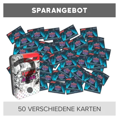 Zdjęcie produktu dla Topps – Turbo Attax Formuła 1 2023 – Karty kolekcjonerskie – 50 różnych, losowych kart + 1 losowa pusta puszka