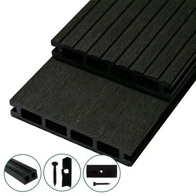 Produktbild von WOODSTORE24 WPC Terrassendielen Komplettset - 15 m² - mit Unterkonstruktion Rhodos Anthrazit, geriffelt, Diele für Terrasse & Balkon, Klicksystem
