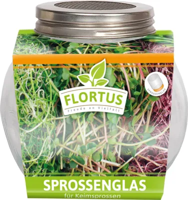 A glass jar filled with sprouts, with a label around it.