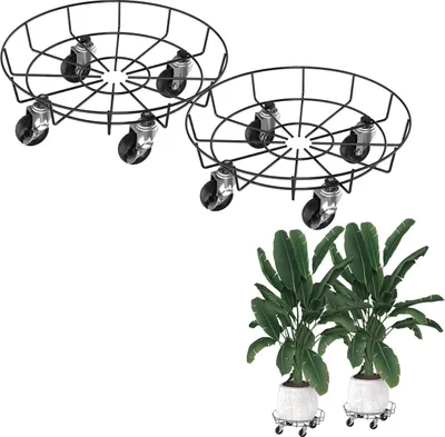 Image de NAIZY 2 pièces rouleur de plantes en métal, 33 cm rond dessous de pot de fleurs avec roulettes verrouillables, fer forgé rouleur de fleurs pour l'extérieur, l'intérieur, décoratif, jardin type C