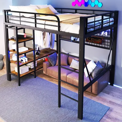 Image de OKWISH Lit Mezzanine 140x200 cm - Lit Ado avec LED Intégrée, Étagères et Compartiment de Rangement - Portant pour Vêtements et Espace Ouvert sous Lit - Métal + MDF - Noir
