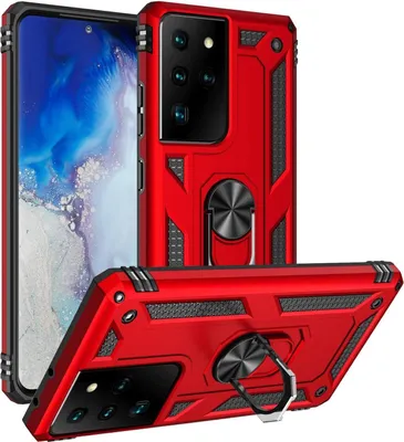 Produktbild von Conie Outdoor Schutzhülle für Samsung Galaxy S21 Ultra Tasche Silikon Hard Case Cover Hülle mit Halter Ständer in Rot