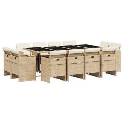 Produktbild von 13-tlg. Garten-Essgruppe mit Kissen Beige Poly Rattan
