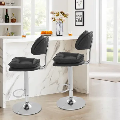 Zdjęcie produktu dla Stołki barowe – zestaw 2 sztuk – regulacja wysokości 62–82 cm – obrót o 360° – nośność 150 kg – wymagany montaż – kolor czarny