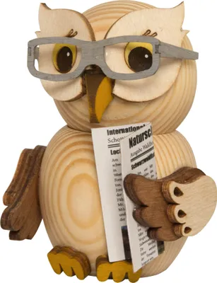 Produktbild von Drechslerei Kuhnert - Mini-Eulen aus Holz - mit Brille und Zeitung - ca. 7 cm - als Dekoration oder Geschenk geeignet