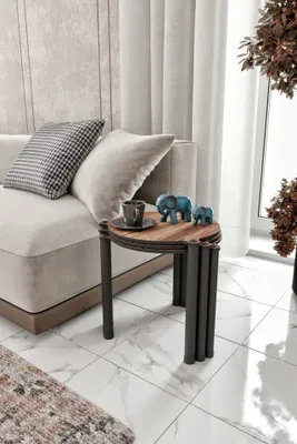 Produktbild von Skye Decor, Hochwertiger Nesting Tisch (3 Teile), Walnuss, 34 x 40 x 34 cm | 100% MDF, Komprimierte Kraftbeine | Perfekt für modernes Wohnen, elegant und funktional.