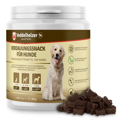 A product container for dog treats, with a dog pictured on the label and treats shown in the foreground.