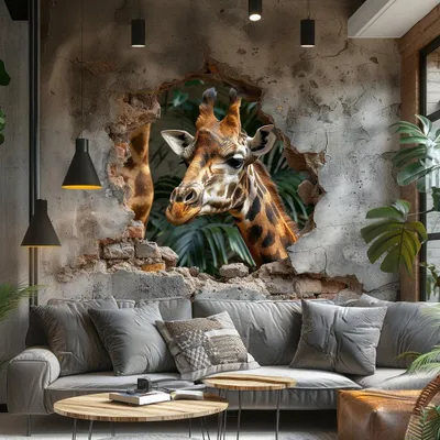 Image de Autocollant mural Decords – girafe réaliste avec effet 3D de percée murale, 220 cm