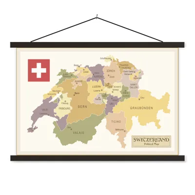 Produktbild von MuchoWow® Textilposter Politische Karte der Schweiz 60x40 cm mit schwarzem Rahmen - Hölzernes