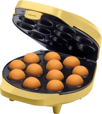 Produktbild von Bestron Cake-Pop-Maker im Retro Design, inklusive Cake-Pop-Butler, Gabel & 12 Cake-Pop-Sticks, mit Antihaftbeschichtung, 700 W, Farbe: Gelb
