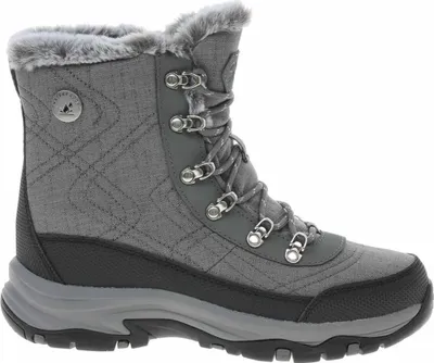 A single gray winter boot with fur trim and laces, shown from the side against a white background.