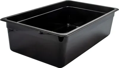A black rectangular food pan on a white background.