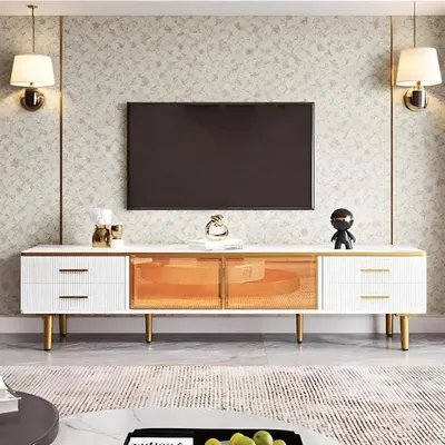 Immagine prodotto di Mobile TV con illuminazione LED, 4 cassetti, 2 ante in vetro marrone, maniglie dorate, dimensioni 170x37x47,5 cm, colore bianco