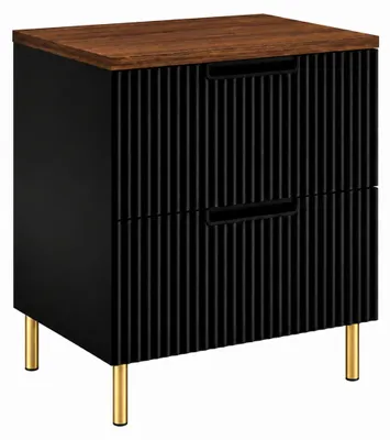Produktbild von Badezimmerschrank stehend 60, gerillte Front 16 mm, Schwarz + Platte Nussbaum-Eiche, gefräste Griffe, runde Füße 15 cm, 60 x 46 x 73, KI-generiertes Bild