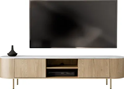 Produktbild von MIRJAN24 TV-Lowboard Lygrint 180 2D, Stilvoll Wohnzimmer, TV-Lowboard mit zwei Drehtüren (Farbe: Eiche Cremona / Marmor Weiß + Gold)