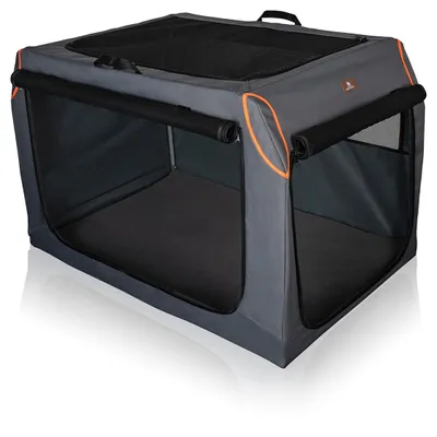 A gray and orange foldable dog crate with a black mesh top, shown on a white background.