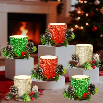 Teelichthalter Glas, 12er Set, Weihnachtskranz, 5x6,5 cm, Grün/Rot/Silber