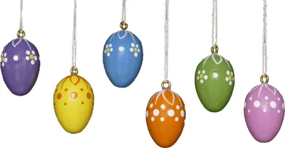 Productafbeelding van Set van 6 handgeschilderde houten paaseieren in verschillende kleuren, hoogte 2,5 cm. Nieuw