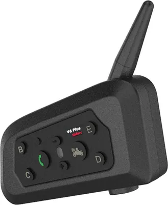A black motorcycle helmet communication device with buttons and an antenna.