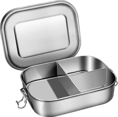 Produktbild von Edelstahl Bento Lunch Box, 1400ml Bento Brotdose für Kinder und Erwachsene, Metall Lunchbox mit 3 Fächern und Silikondichtung