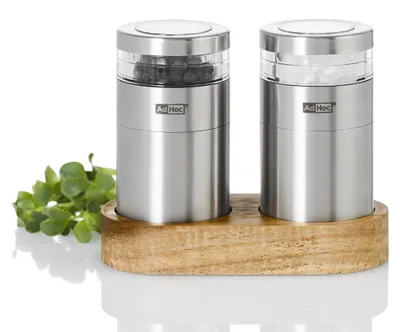Obrázek produktu pro Sada pro pepř a sůl "AdHoc Molto", keramický mlýnek CeraCut®, nerezová ocel/akryl/akátové dřevo, rozměry: délka 11,5 cm, šířka 5,5 cm, výška 9,5 cm, rozměry mlýnku: průměr 4,5 cm, výška 8,6 cm