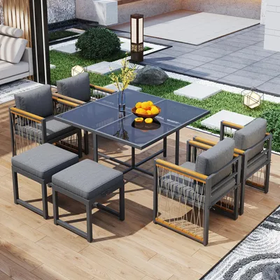 Image de OKWISH Salon de Jardin - Ensemble 7 Pièces avec Table en Verre Trempé, Fauteuils en Acacia, Structure Métallique, pour 6 Personnes - Gris