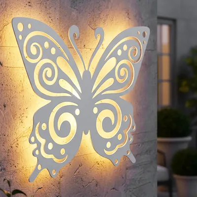 Produktbild von Solar Wandbild Schmetterling weiß mit 30 LED - 34 x 27 cm - Metall Wanddeko für Außen warm weiß beleuchtet