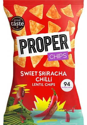 Zdjęcie produktu dla Proper Sweet Sriracha Chilli Lentil Chips 85g – Chrupiące, pikantne chipsy z soczewicy