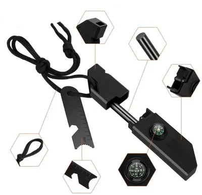 Image de Jumada's – Outil multifonction noir – Pierre à feu et fer – Allume-feu – Bâton de magnésium – Cadeau pour la fête des pères – Kit de survie – Trousse de secours – Outil de survie 6 en 1 – Boussole – Sifflet de secours – Compartiment de rangement – Règle – Décapsuleur