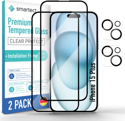Produktbild von 2x Schutzglas Full Screen für iPhone 15 Plus Anbringhilfe + 2x Kameraschutz Glas