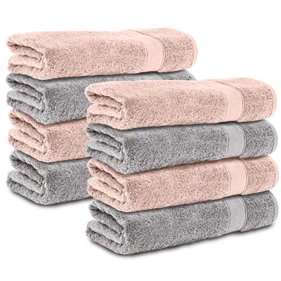Produktbild von Komfortec 8er Duschtücher 70x140 cm Set aus 100% Baumwolle, 470g/m², Frottee, Weich, Silber Grau/ Rosa