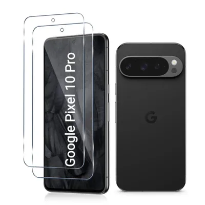 A black Google Pixel 10 Pro phone is shown next to two screen protectors, with the phone's camera array visible.